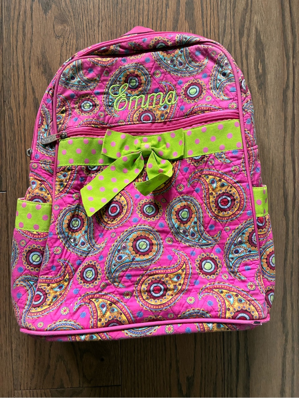 Emma Pink Paisley Backpack with Lime Green Bow